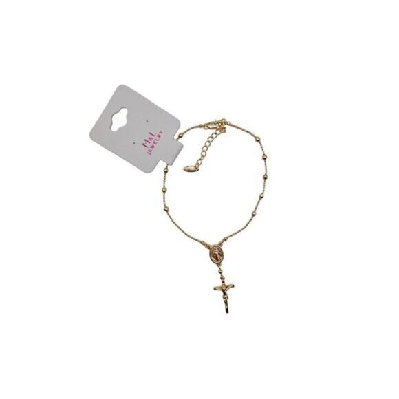 Jewelry - 14K Gold Filled Rosary Cross Bead Charm Link Chain Bracelet Adjustable